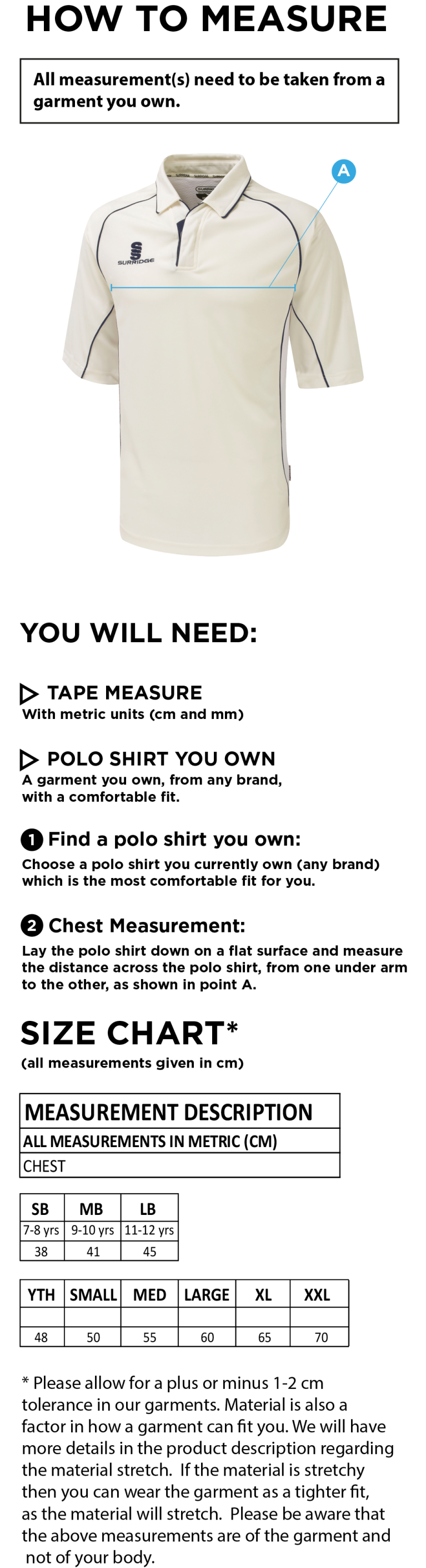Crosby CC 3/4 Playing shirt - Size Guide