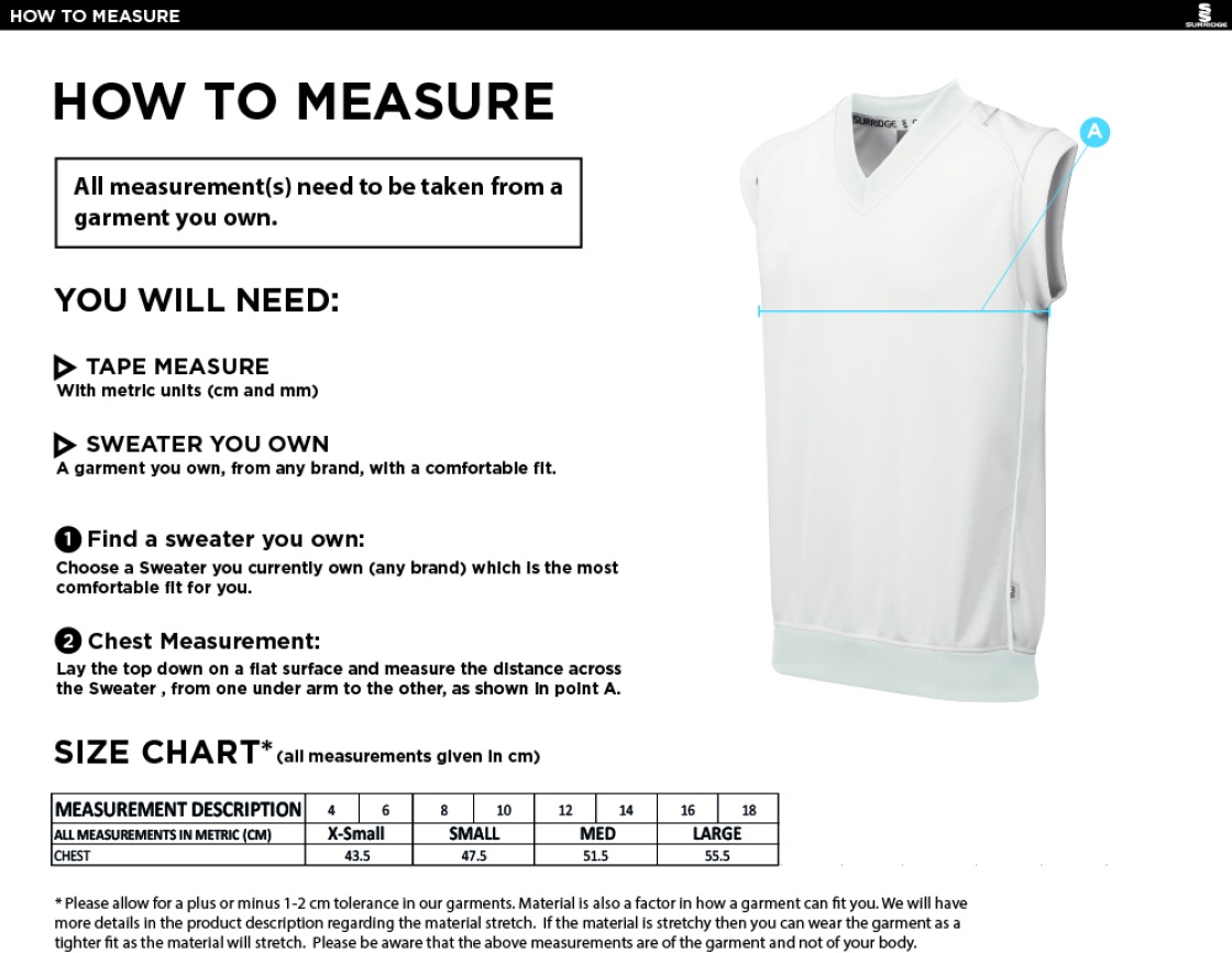 Crosby CC Blast Sleeveless Women's Cricket Sweater - Size Guide
