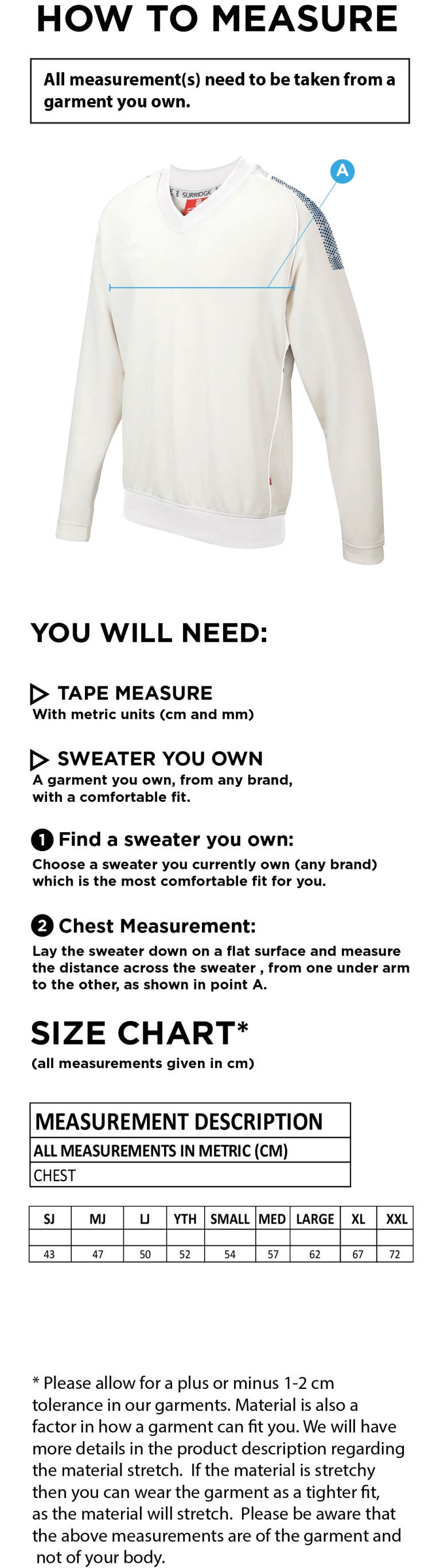 Crosby CC Long Sleeve Sweater White Trim - Size Guide