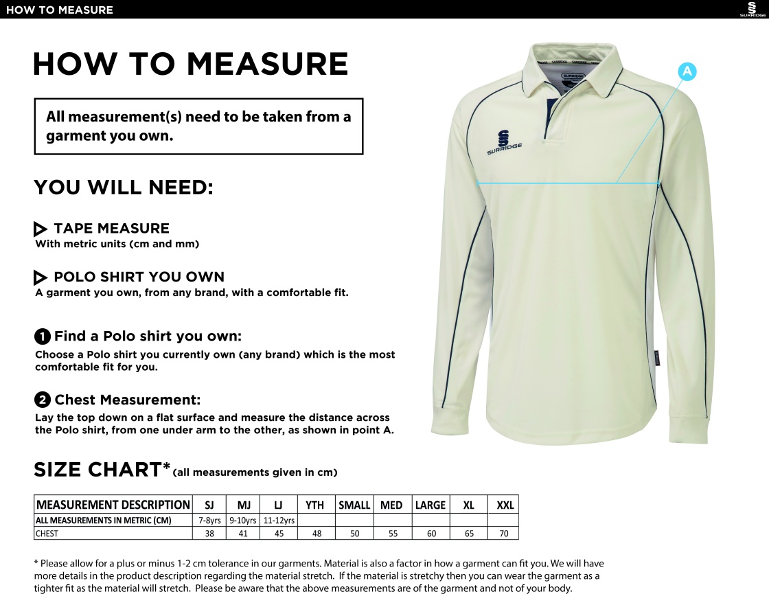 Crosby CC Premier Long Sleeve White Trim Shirt - Size Guide