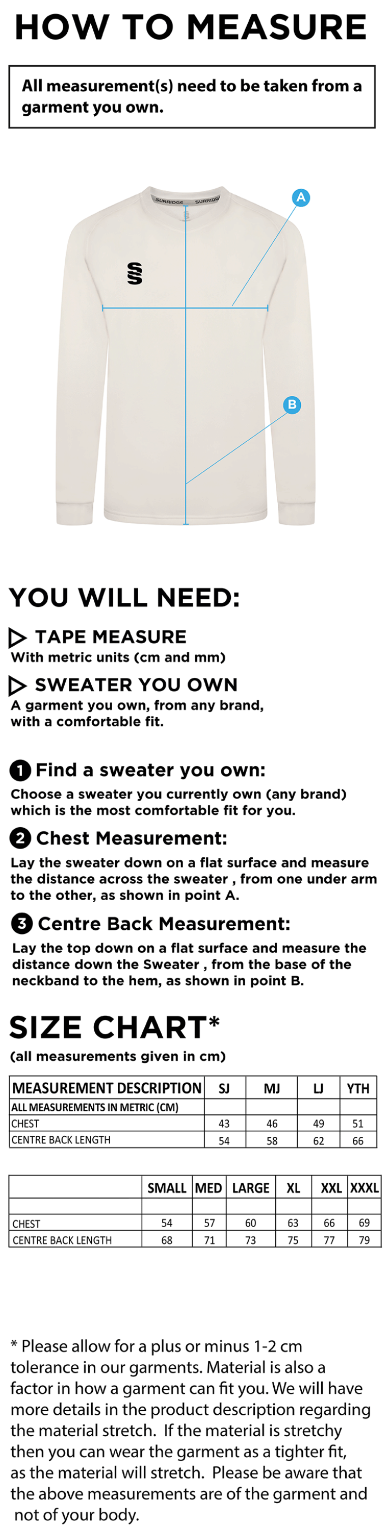 Crosby CC Blast Long Sleeve Cricket Sweater - Size Guide