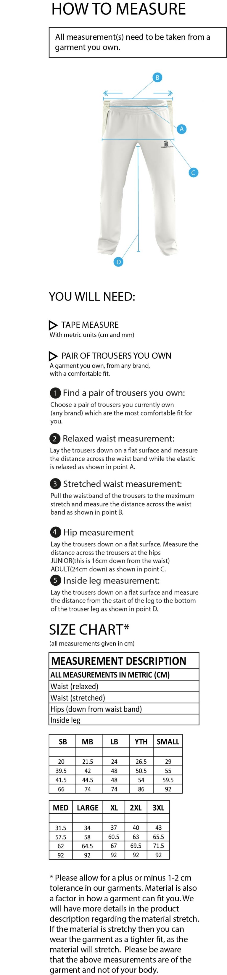 Crosby CC Standard Playing Pant - Size Guide