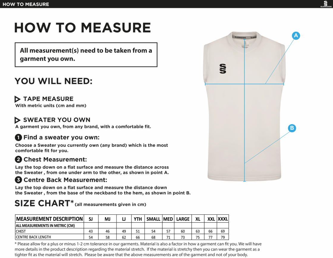 Crosby CC Blast Sleeveless Cricket Sweater - Size Guide