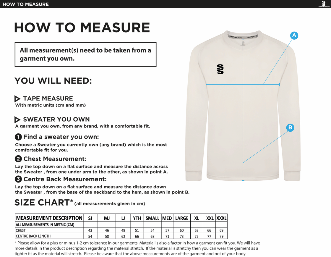 Crosby CC Blast Long Sleeve Cricket Sweater - Size Guide