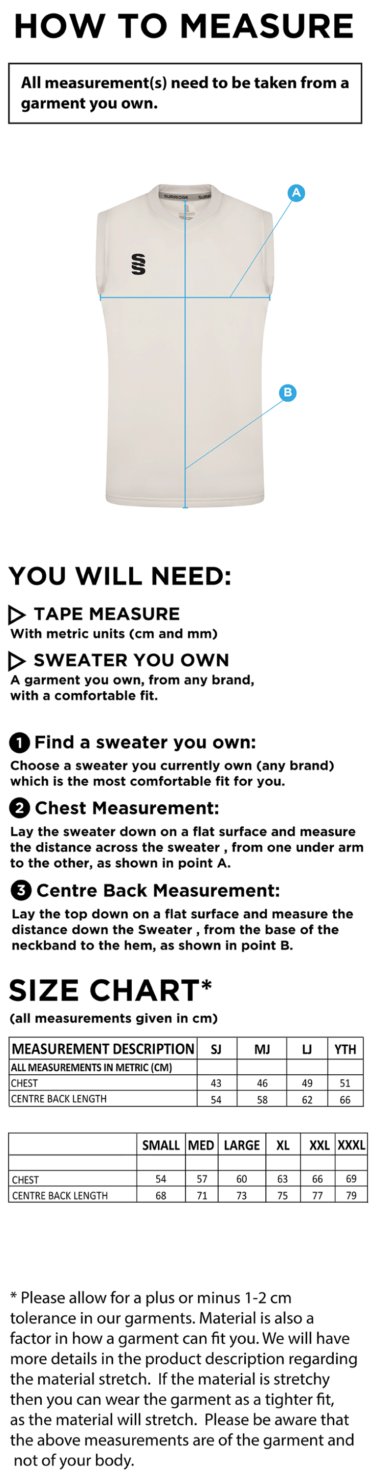 Crosby CC Blast Sleeveless Cricket Sweater - Size Guide