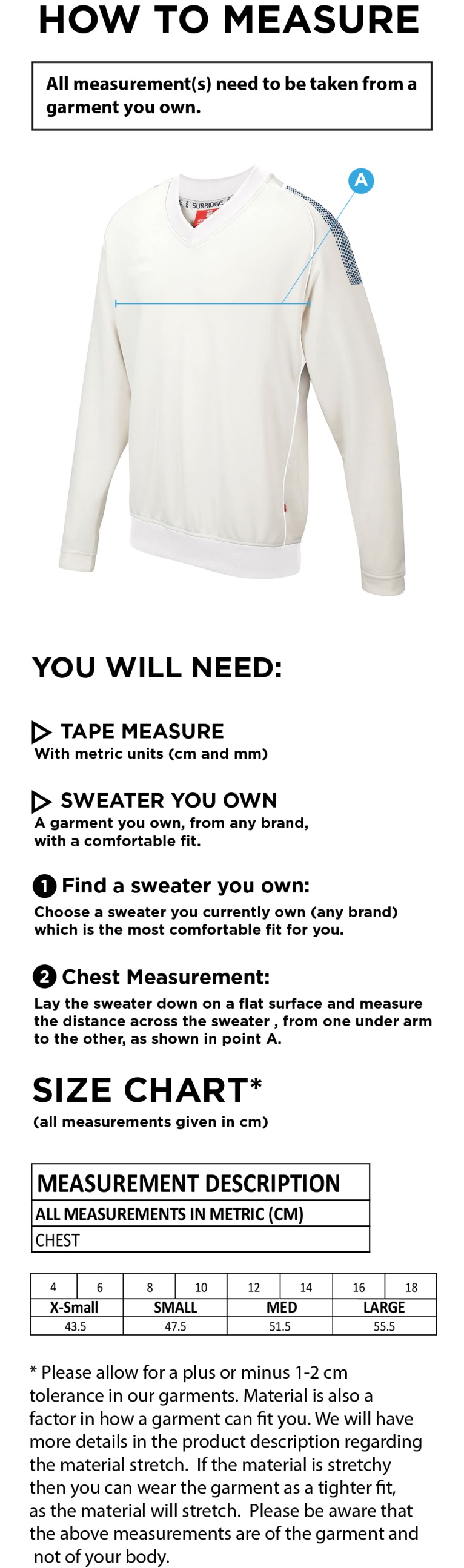 Crosby CC Blast Long Sleeve Women's Cricket Sweater - Size Guide