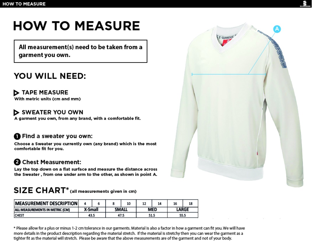 Crosby CC Blast Long Sleeve Women's Cricket Sweater - Size Guide