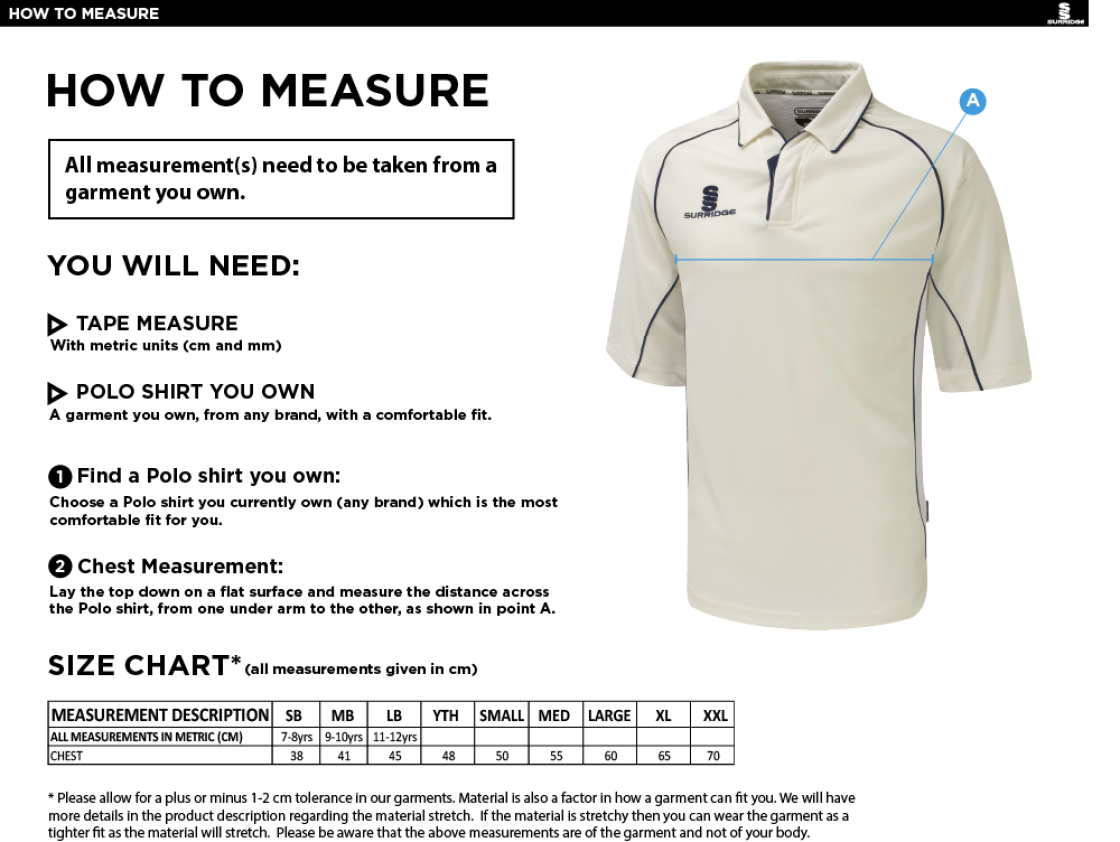 Crosby CC 3/4 Playing shirt - Size Guide